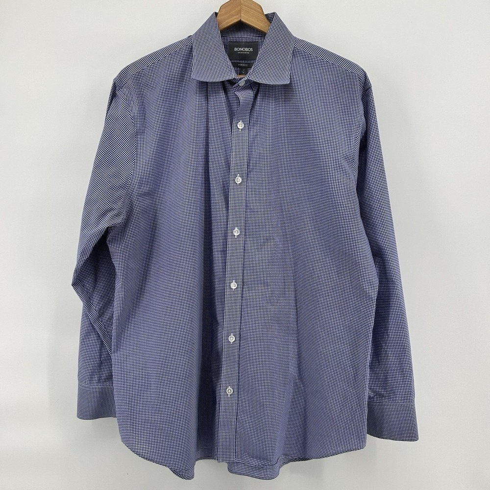 Bonobos Men's Shirt 17-34 Blue Check Gingham Long Sleeve Cotton Standard Fit